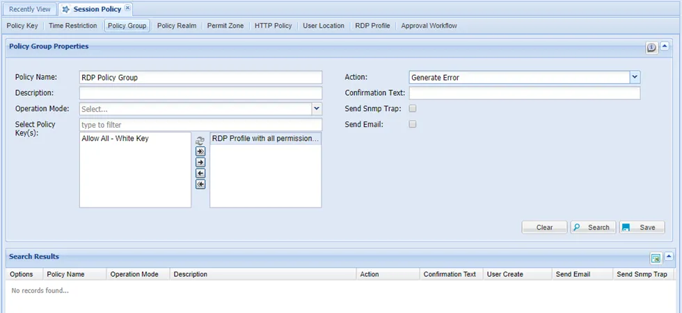 Policy Group with an RDP Profile included as a Policy Key