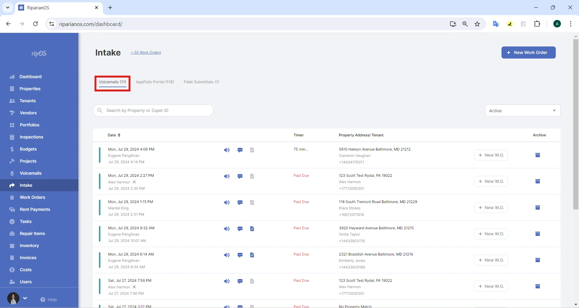 Voicemails tab in RipOS Voicemails tab in RipOS