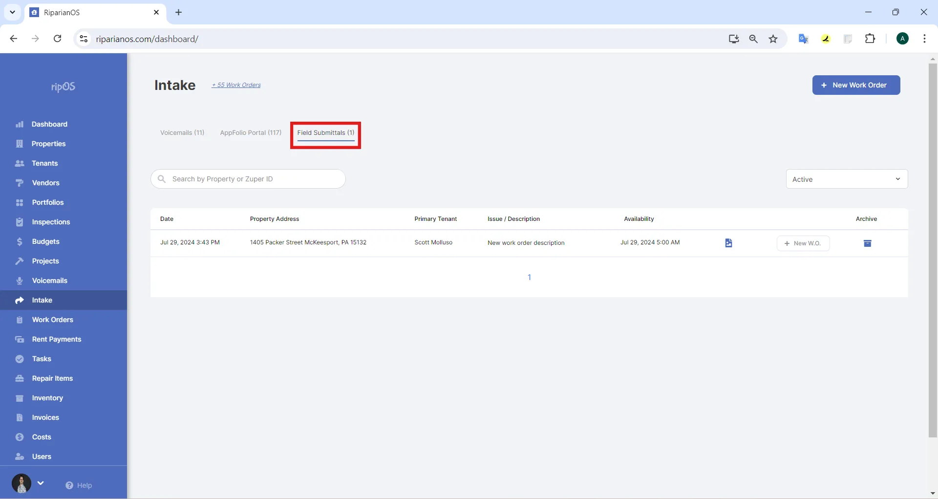 Field Submittals tab in RipOS