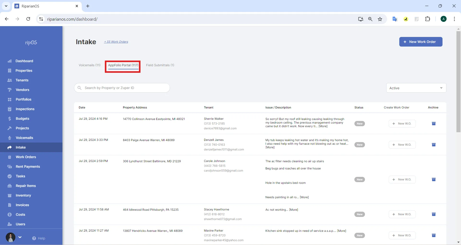 AppFolio Requests tab in RipOS