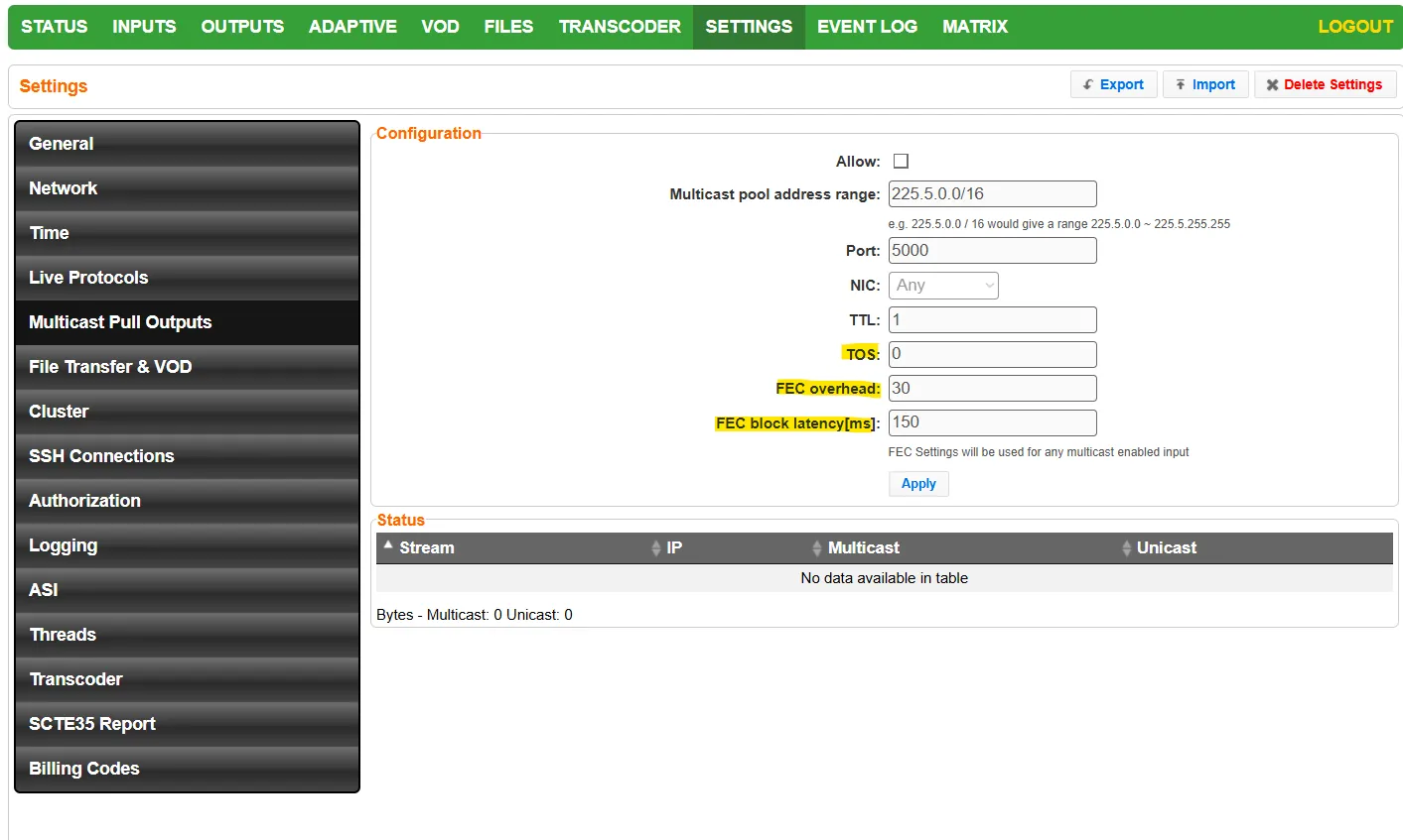 Multicast Pull Outputs menu