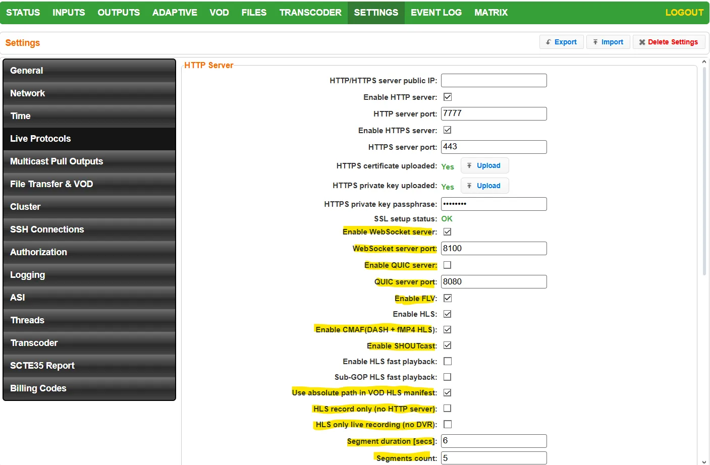 Live Protocols Menu