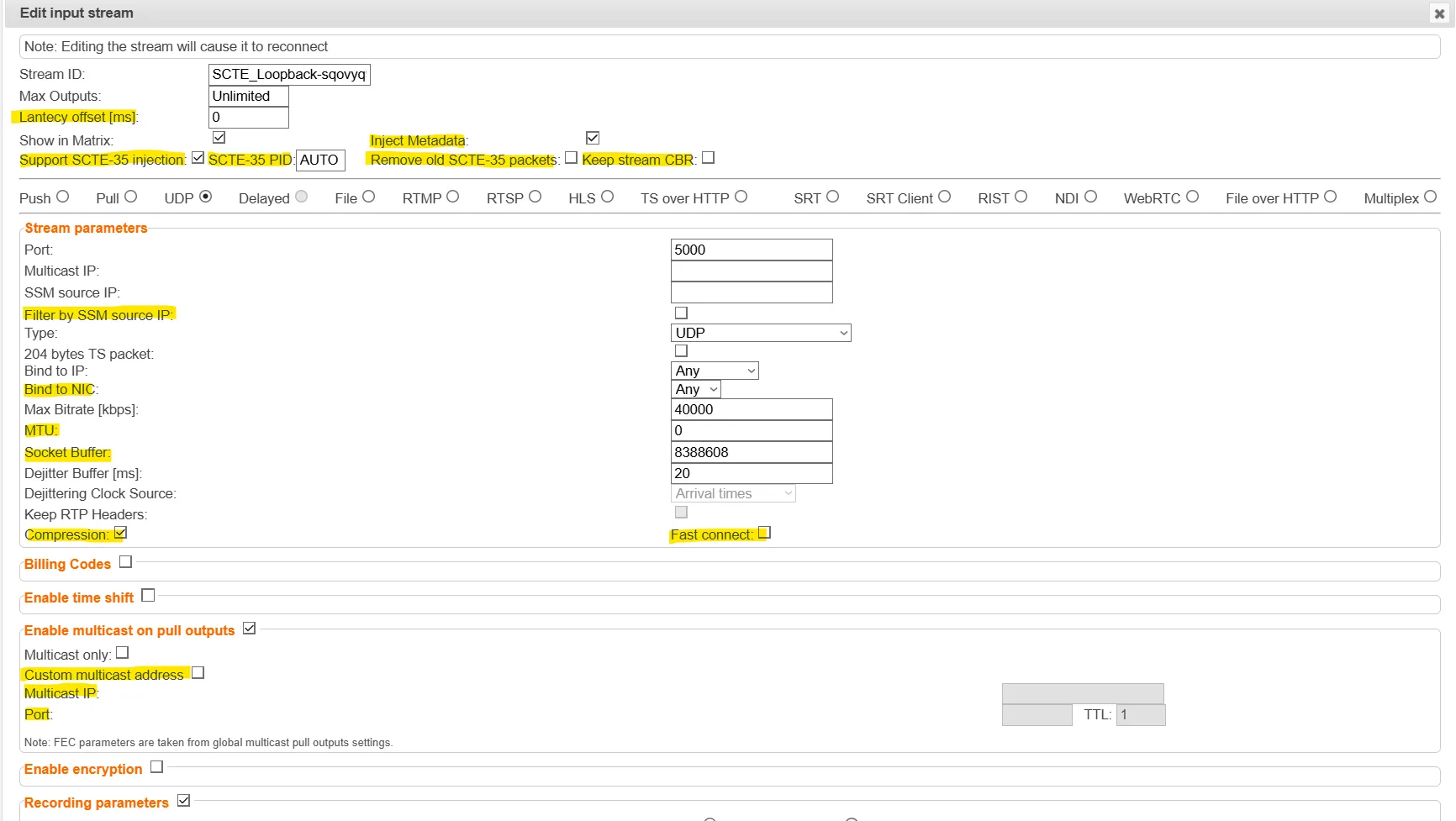 UDP Stream input menu
