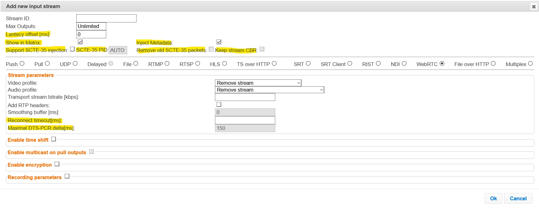 WebRTC Stream input menu