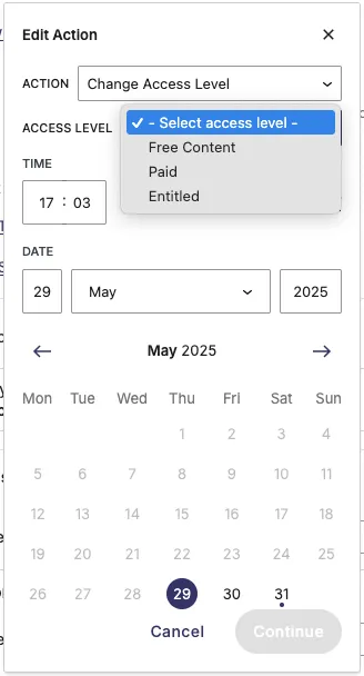Scheduling a change for the access level of the article