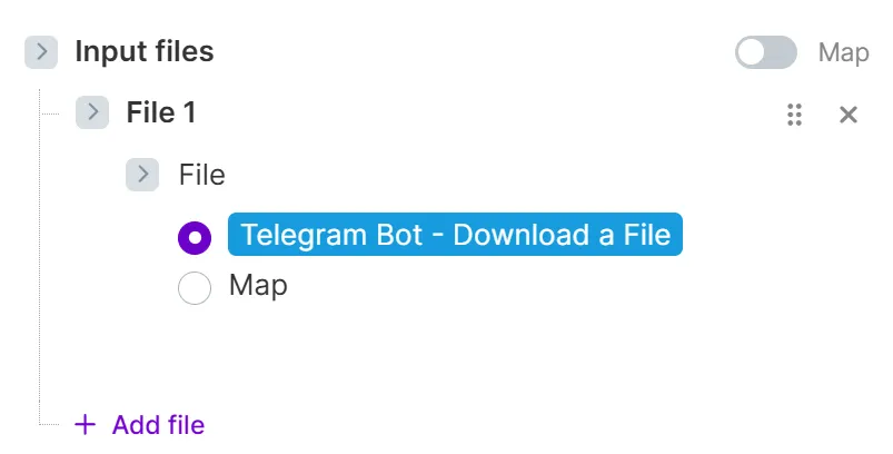 In this example, the file from the Telegram Bot > Download a File module is selected. In this example, the file from the Telegram Bot > Download a File module is selected.