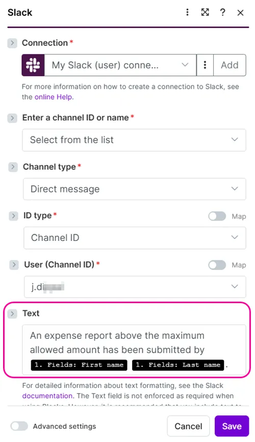Configure the Slack module to send a message