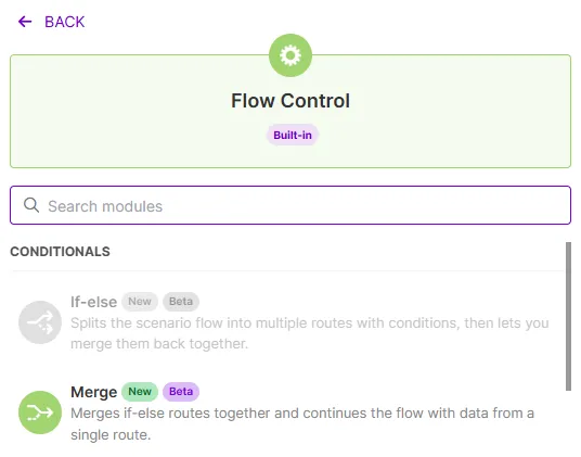 Merge module: Merges if-else routes together and continues the flow with data from a single route.