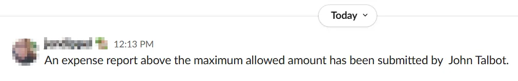 Slack message example
