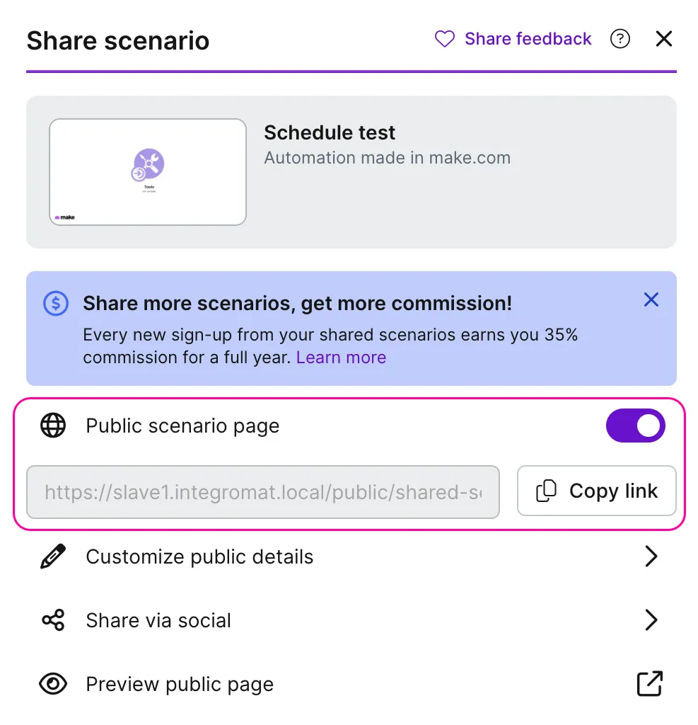 Switch on the Public scenario page toggle. Switch on the Public scenario page toggle.