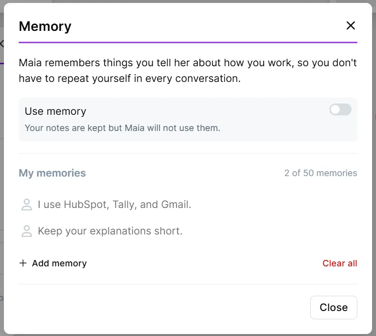 The icon next to a memory shows who added the memory. The user added "Keep your explanations short."