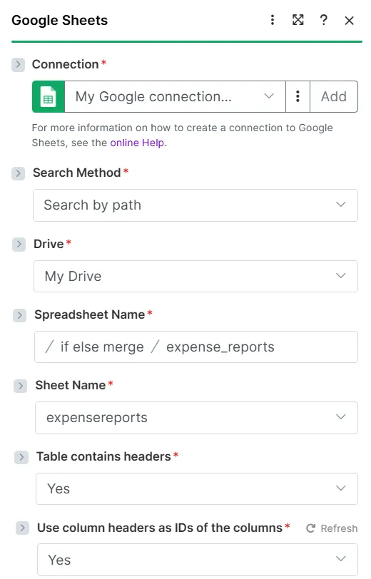 Google Sheets > Add a row module configuration