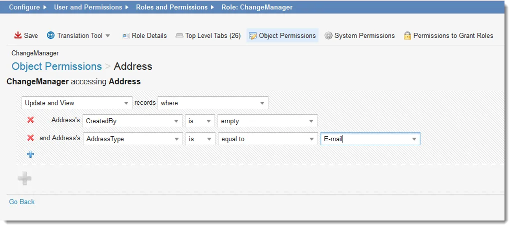 Image of the Update and View permission for a role.