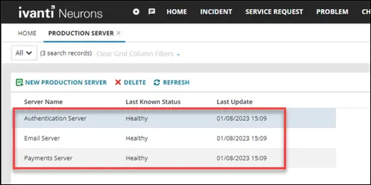 List of 3 server records prior to new composite action being run