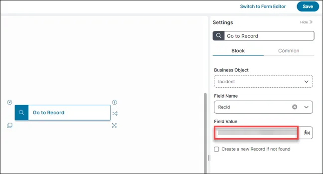 Image 3 of Go to Record and Update Record example showing RecId from first incident being entered into Block Settings for Go to Record block