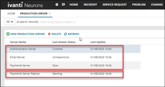 List of updated server records post action being executed and showing newly created record
