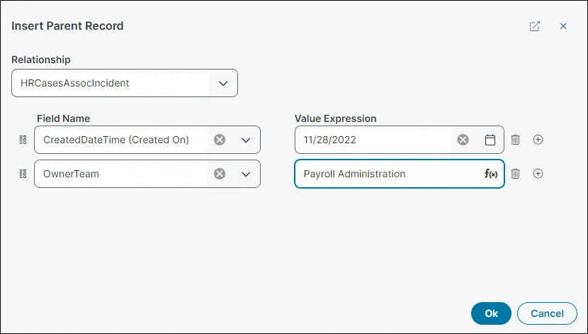 An image of the workspace for the Insert Parent Record Quick Action block.