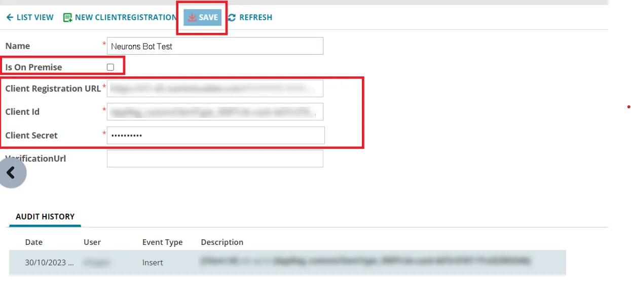 screenshot of the client registration configuration form