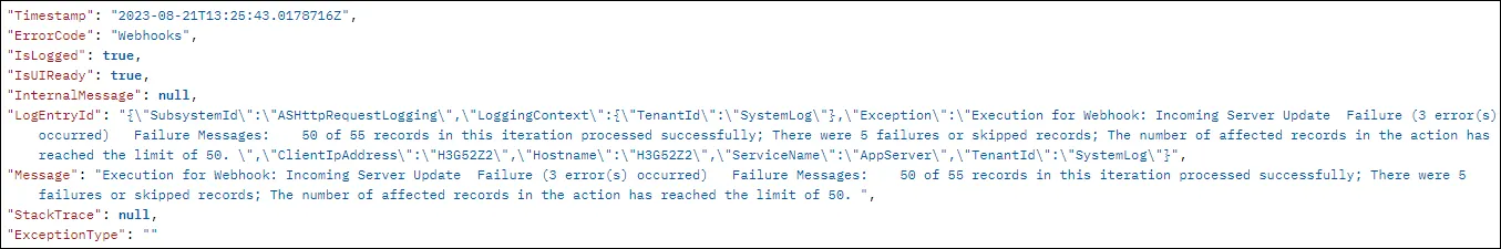 Snippet of service log for Run for Collection Action