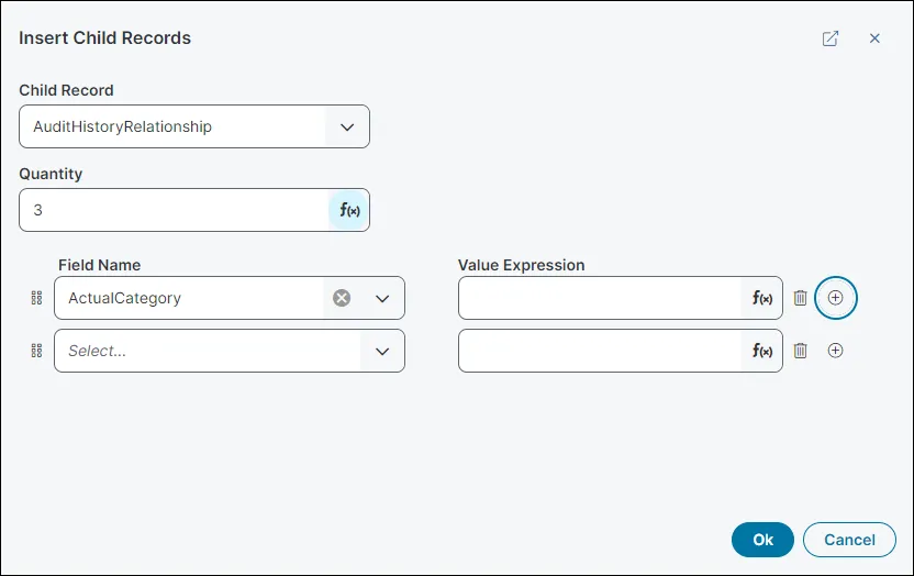 Image of the workspace for the Insert Multiple Child Records Quick Action block.