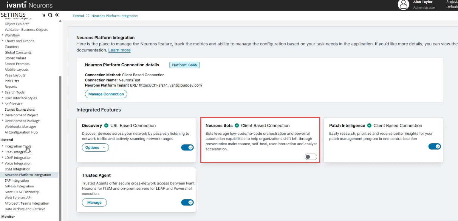 Neurons Bot in the Neurons Platform Integration console Neurons Bot in the Neurons Platform Integration console