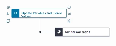Example for monitoring server health using Run for Collection; creation of 2 action blocks for Update Variables and Stored Values linked to Run for Collection