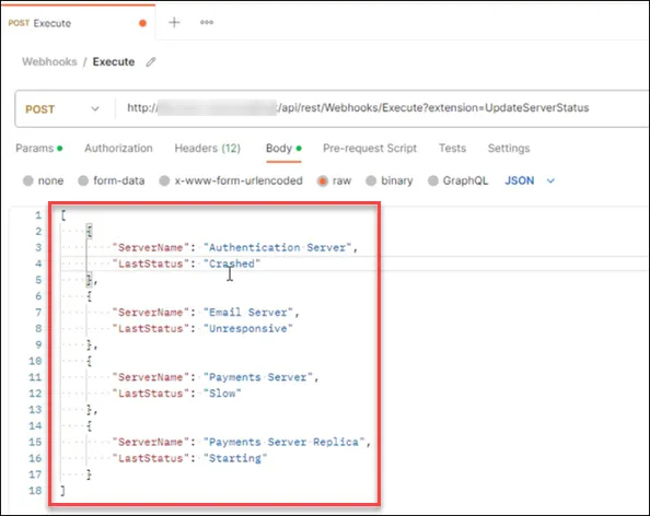 Postman showing simulation of new data for server statuses