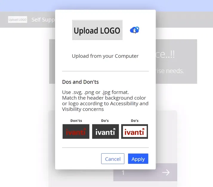 Sample of uploading a logo for the Enterprise Self Service Welcome page. Sample of uploading a logo for the Enterprise Self Service Welcome page.