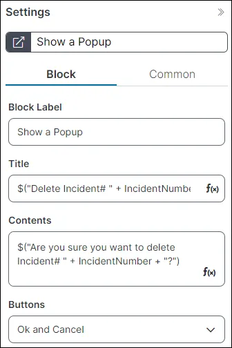 screenshot of block tab settings for the show a pop-up action, this configures a message for the user prior to deleting a record