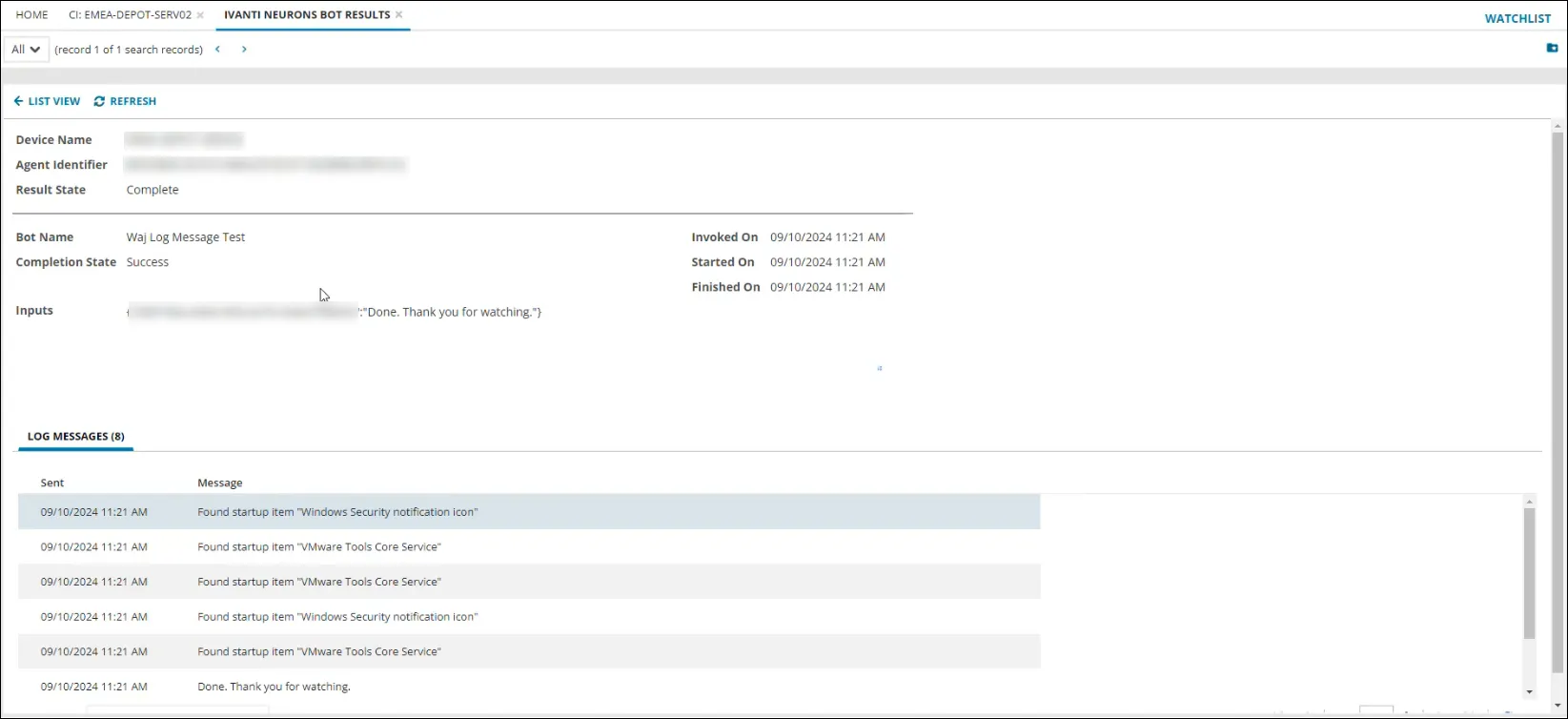 screenshot of the ivanti neurons bot results workspace