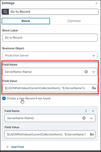 Top of Block settings for Go to Record as part of Go To and Update server Status Composite Action