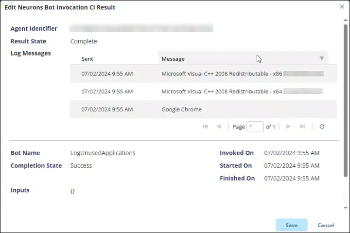 Screenshot of the view neurons bot invocation CI result dialog