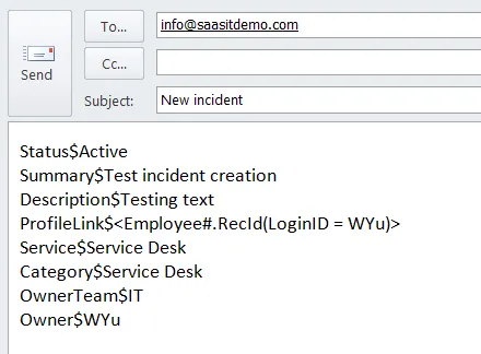 Sending an email to create a generic business object.