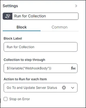 Block settings for Run for Collection in server monitoring example