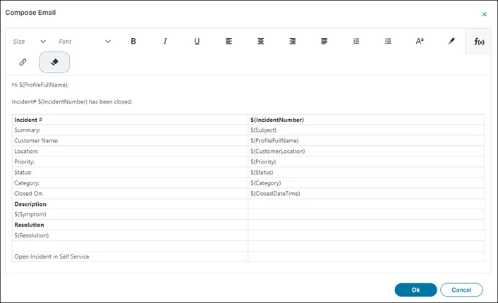 Fields for an email to inform customer of incident closure.