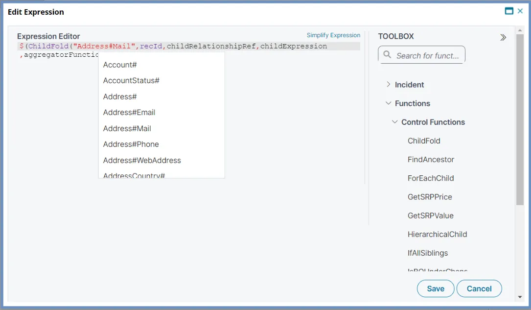 Dropdown menu from the parameter inside the expression editor.