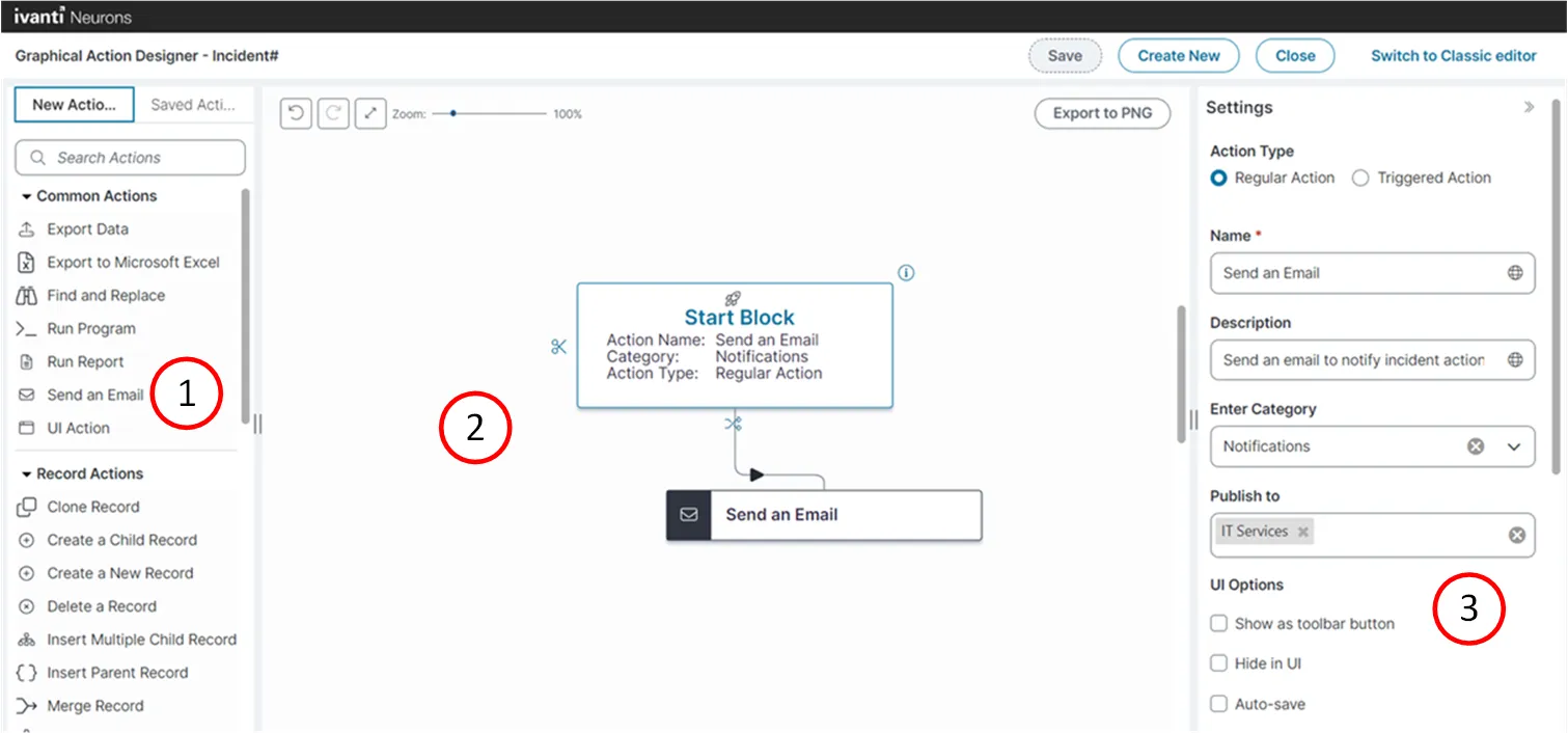 screenshot of graphical action designer user interface
