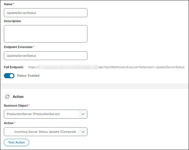 Webhook created for the update server status example