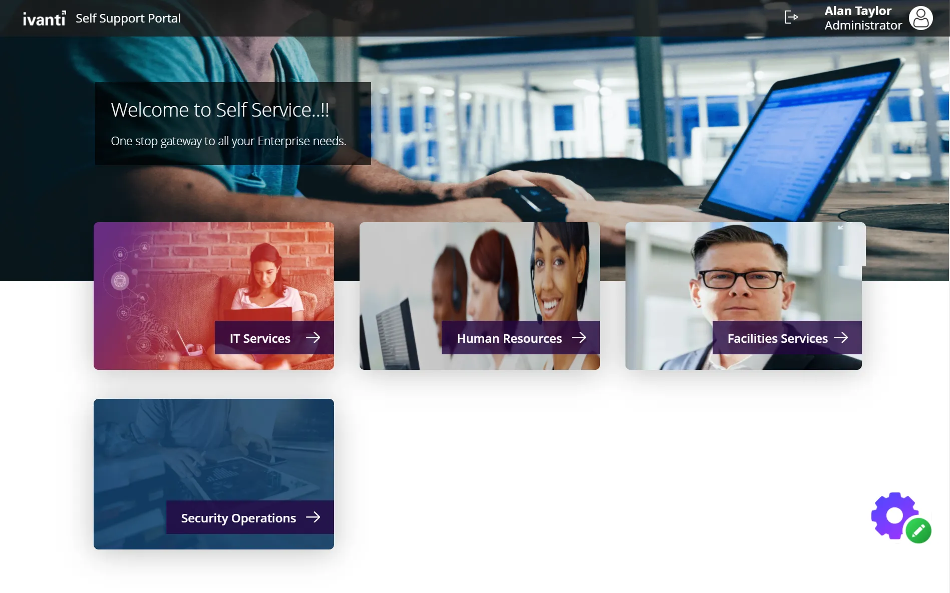 Sample of an Enterprise Self Service Welcome page with elements and cards. Sample of an Enterprise Self Service Welcome page with elements and cards.