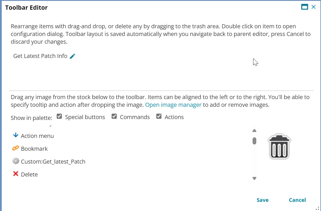 Selecting options in the Toolbar Editor.