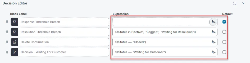 Values for three branches or paths that join on to Decision Status action.