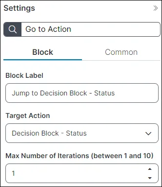 screenshot of go to action settings block tab