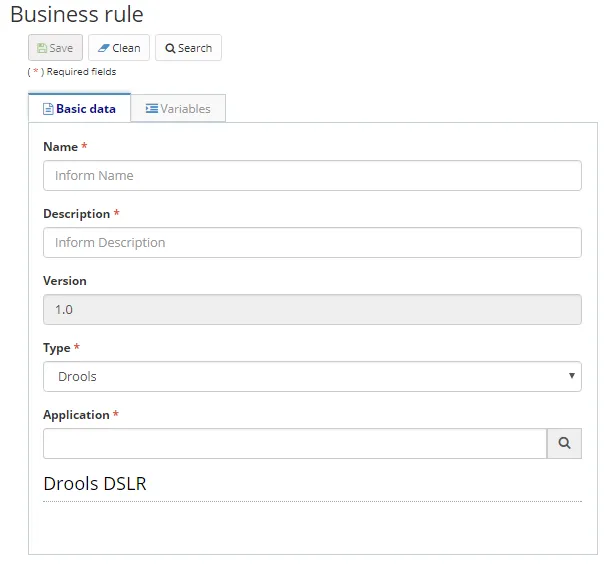 Figure 3 - Drools Business Rule Registration / Editing Screen - Basic data tab Figure 3 - Drools Business Rule Registration / Editing Screen - Basic data tab