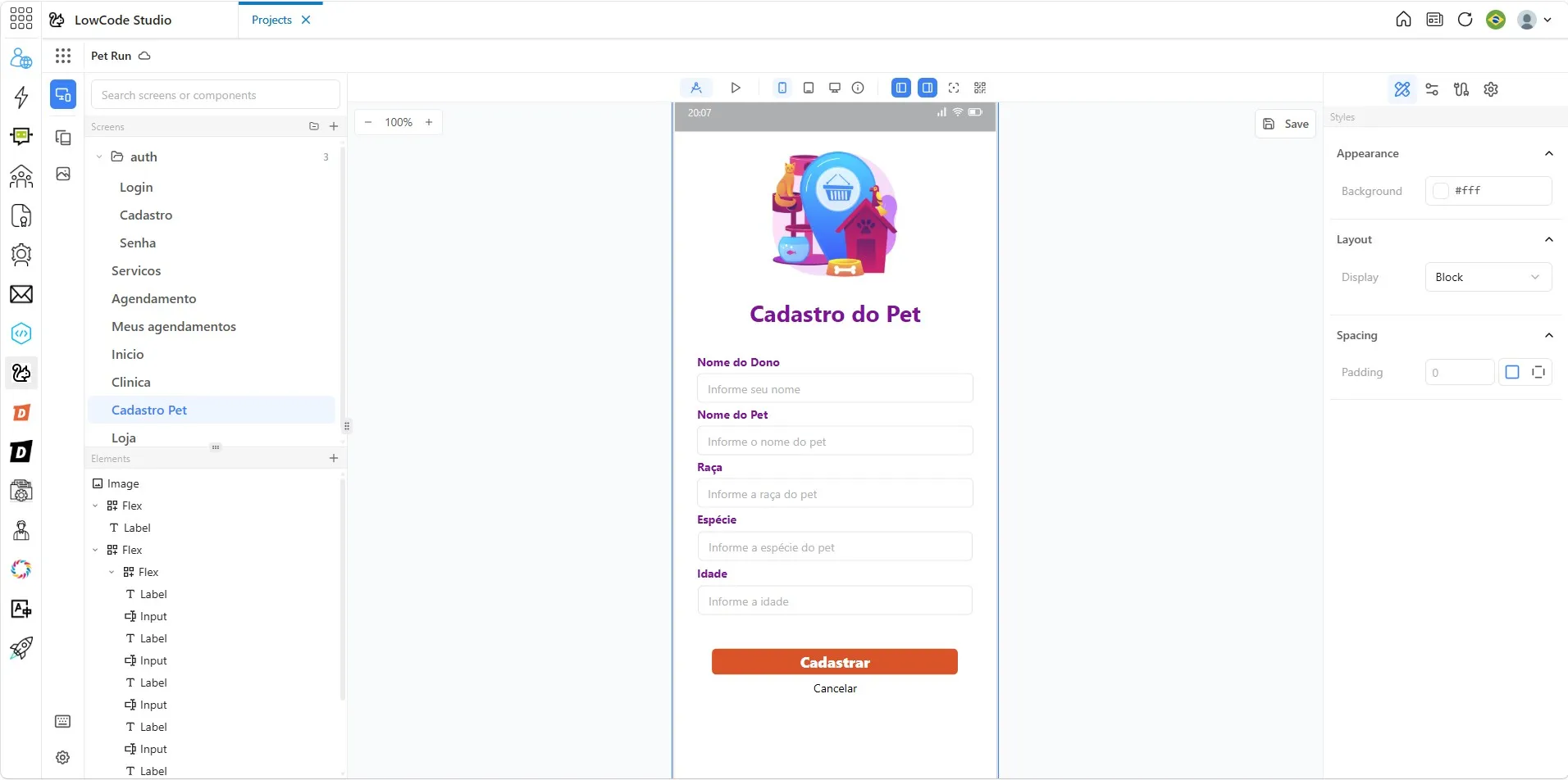 Tela LowCode Studio com uma app de pet shopp.