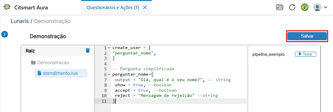 Tela de edição de código
