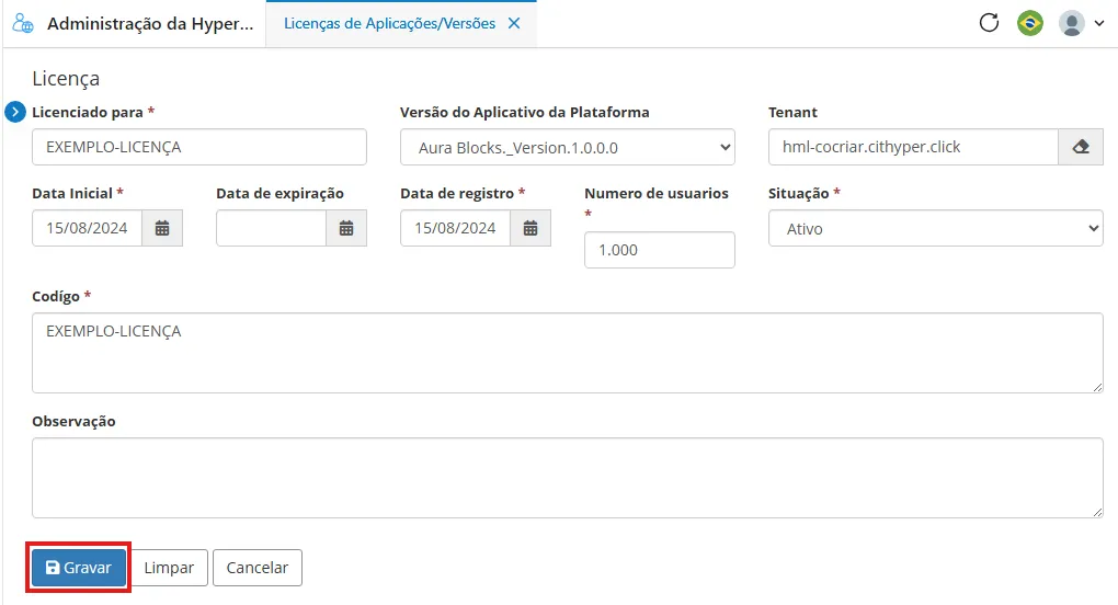 Licenças da nova Aplicação