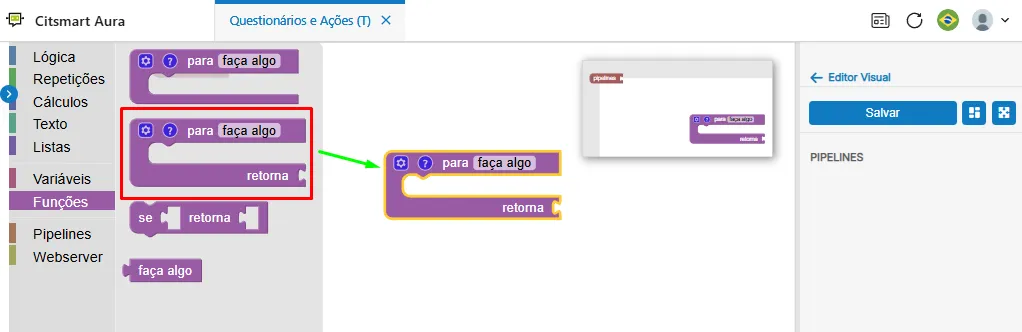 Arrastando blocos para o espaço de trabalho