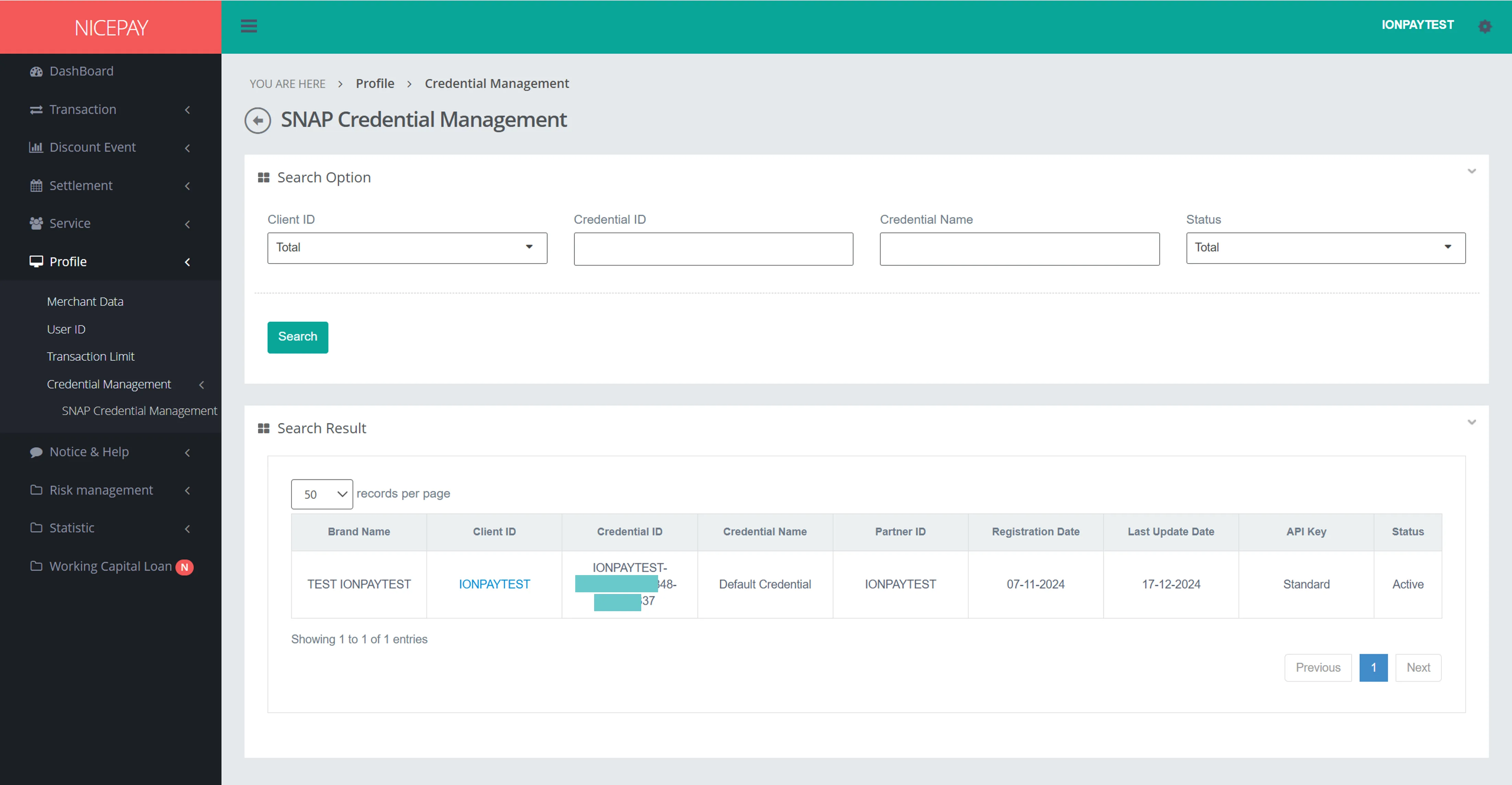 Credential Management - SNAP Credential Management - Search Result