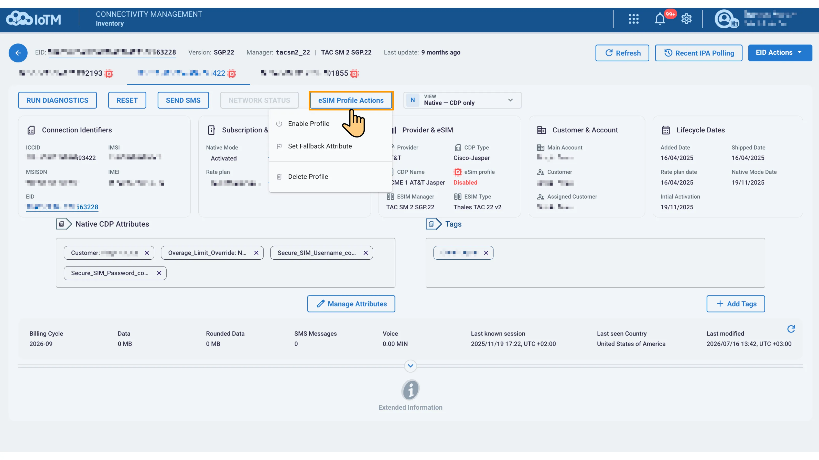Profile actions on a managed connection’s details page