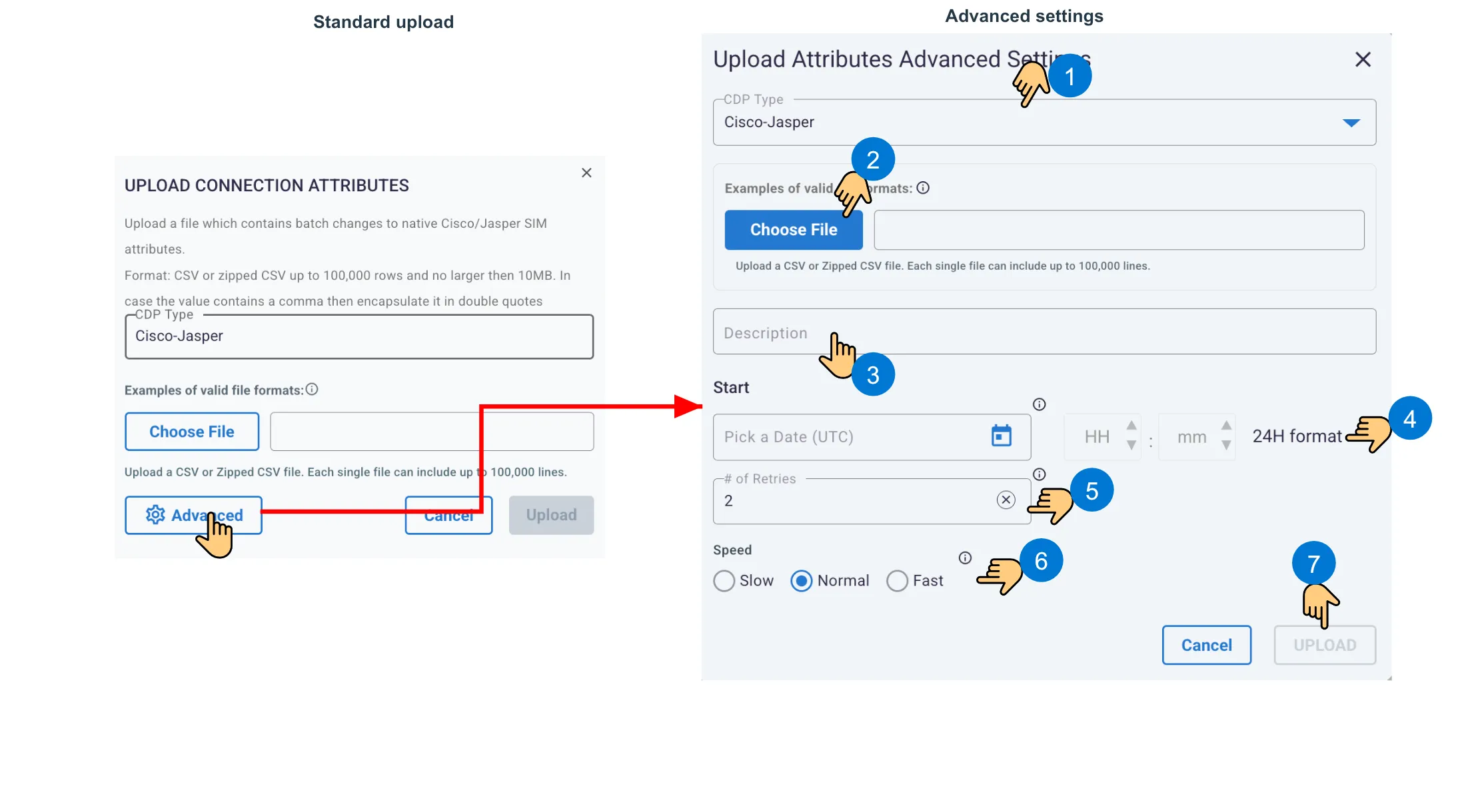 Two-state workflow showing the standard Upload Connection Attributes dialog and the numbered advanced settings form.